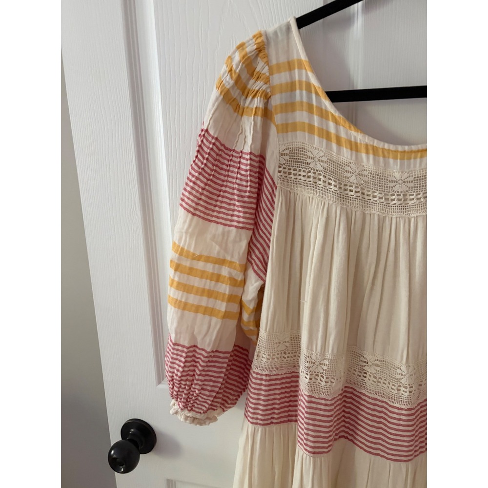 Sundance Women XL Cotton Striped Lace Tiered Maxi Dress Boho Puff Sleeve Cream - Picture 2 of 4